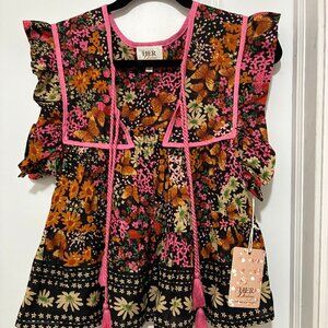 HER Destiny - NWT Womans Bohemian Black & Pink Floral Blouse Medium